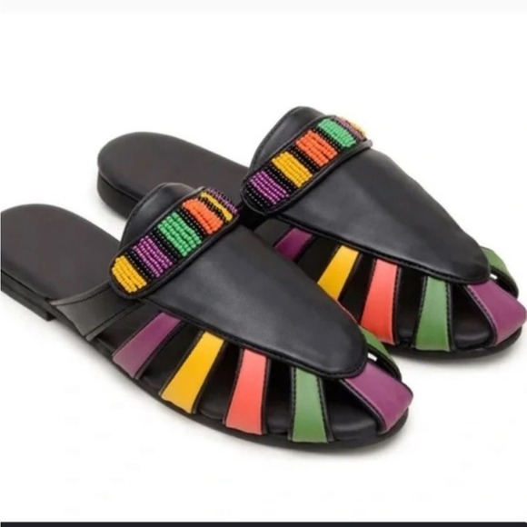 FARM Rio Shoes - FarmRio Colorfully Beaded Black Sandals Mules Size 9 New